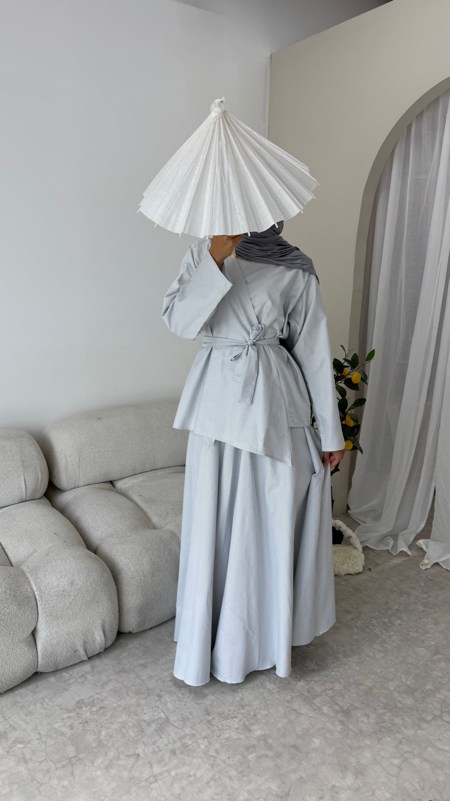 Pinstripe Skirt Set in Frost Grey
